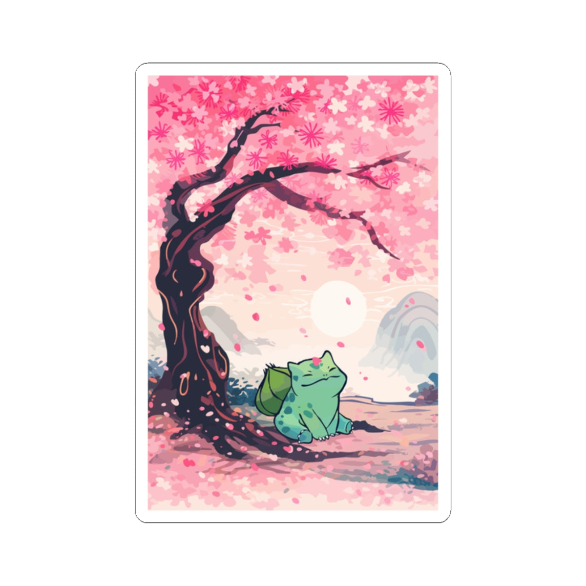 Happy plant critter-Under Cherry Blossom Kiss-Cut Sticker — Anime Nature Laptop Decal