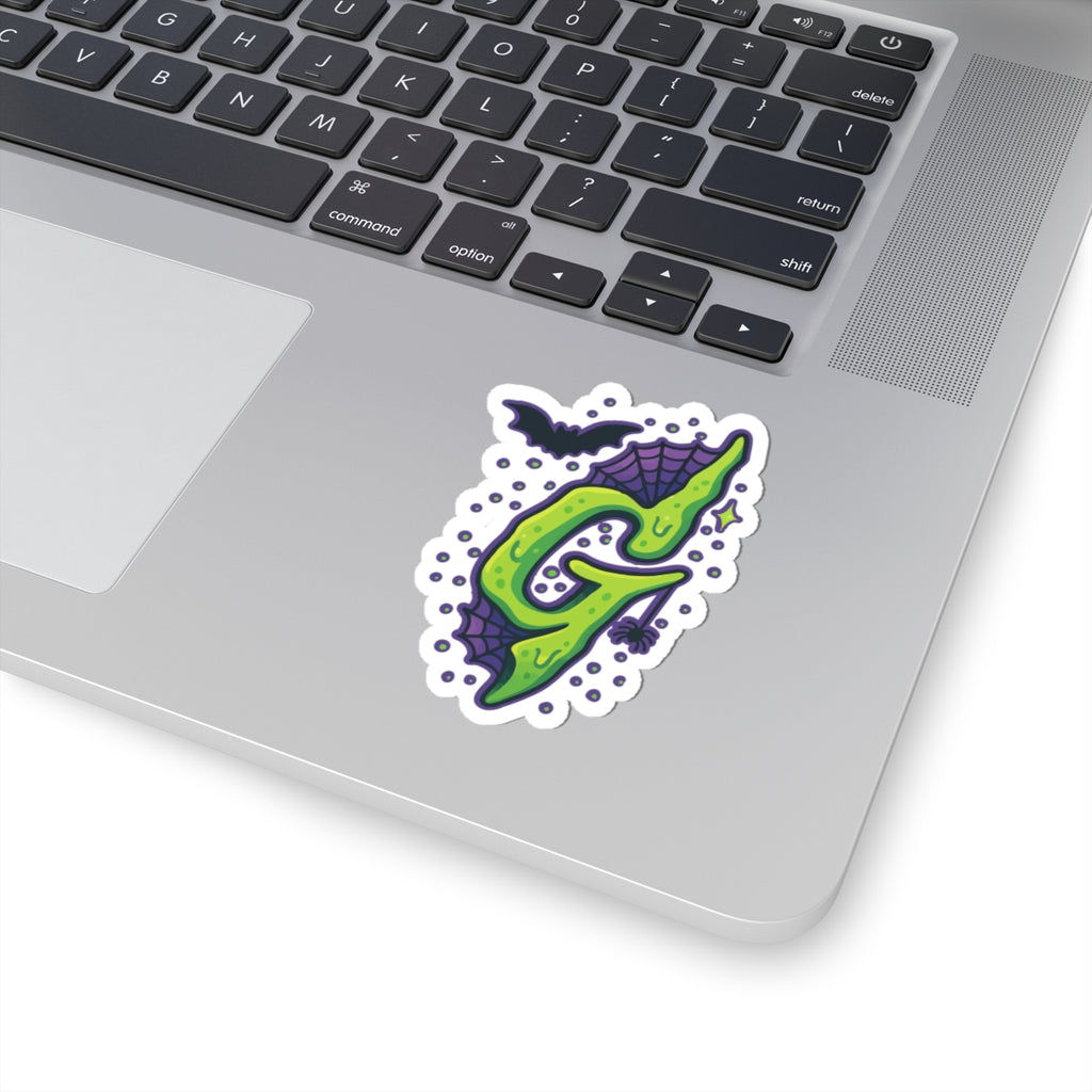 Goosebumps Halloween Slime Letter 'G' Kiss-Cut Sticker — Gothic Bat & Spiderweb Decal