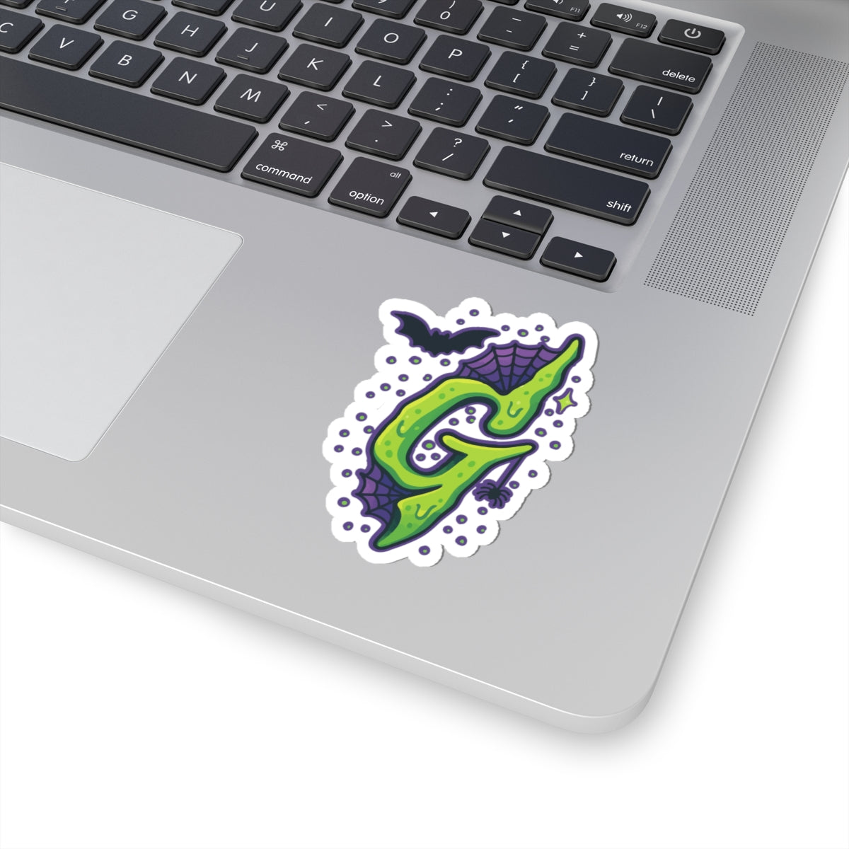 Goosebumps Halloween Slime Letter 'G' Kiss-Cut Sticker — Gothic Bat & Spiderweb Decal