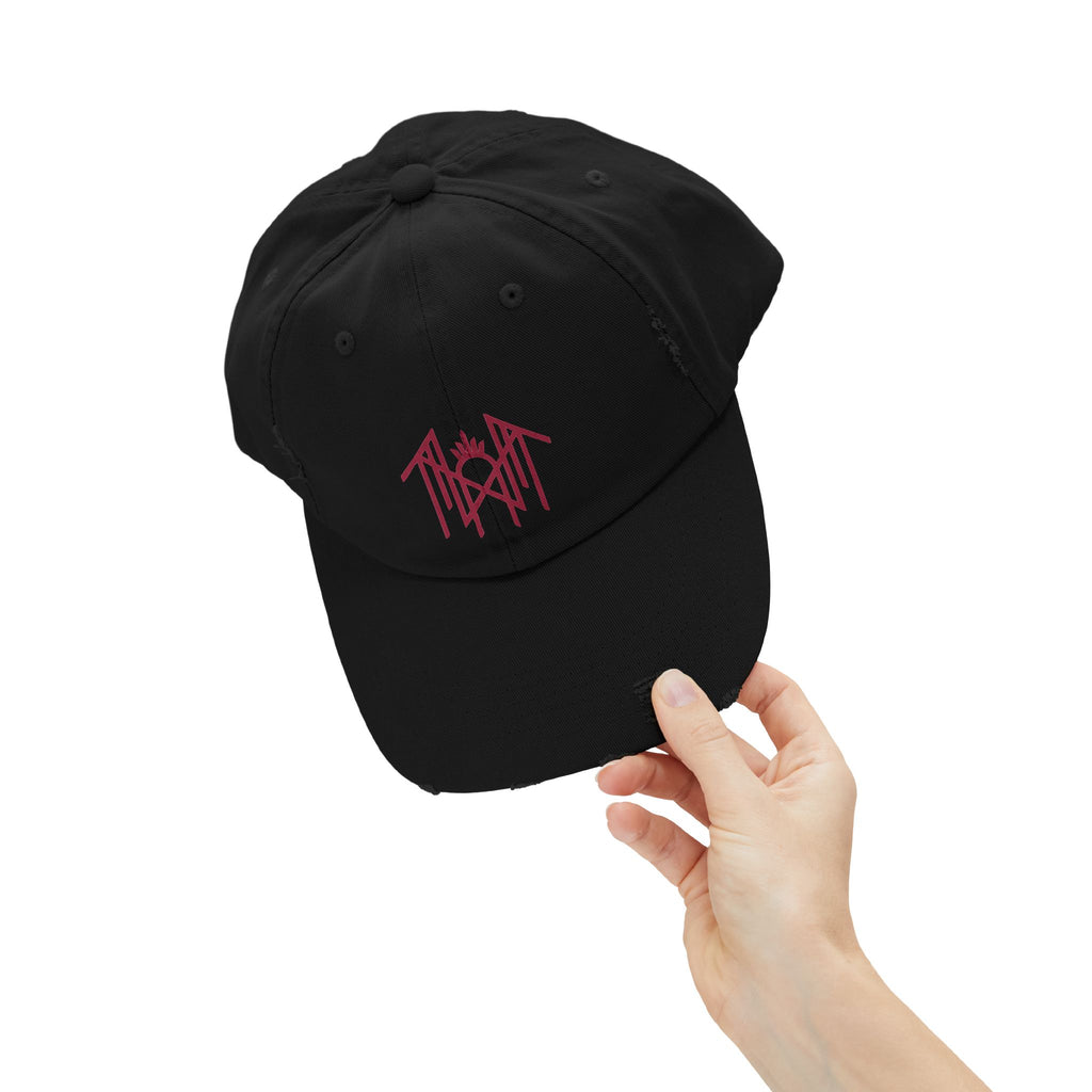 Distressed Black Baseball Cap with Pink Gothic Logo