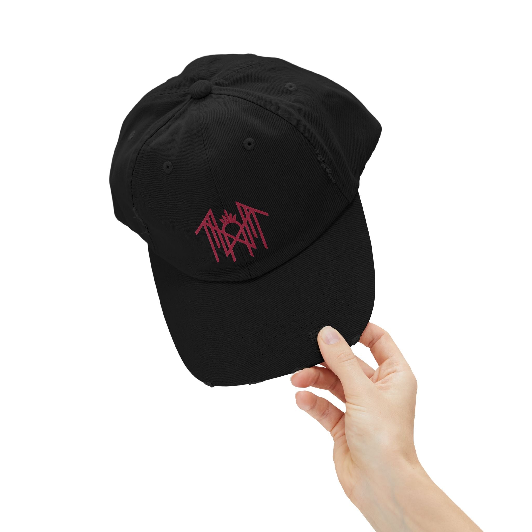 Distressed Black Baseball Cap with Pink Gothic Logo