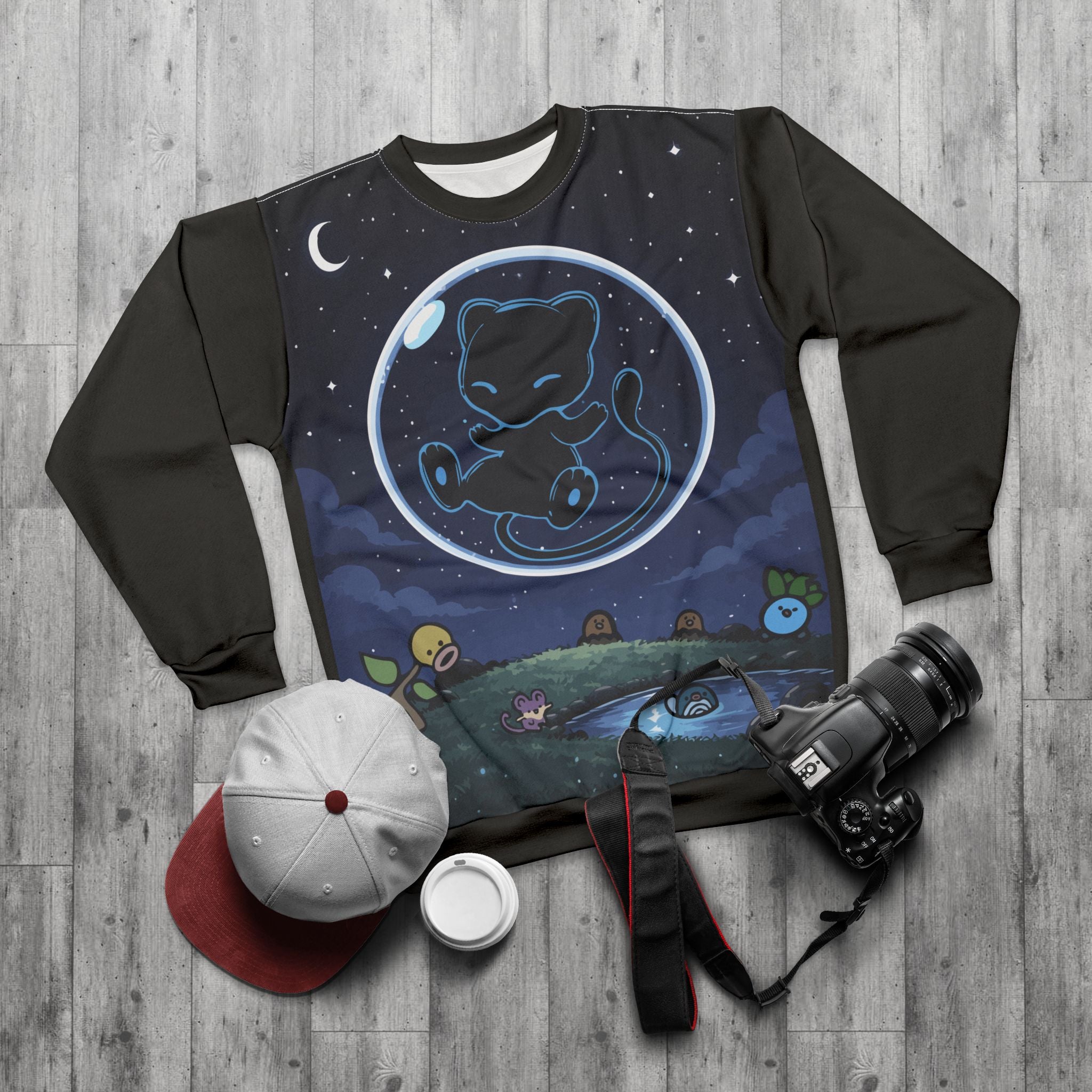 Dark Bubble Mew- Cosmic Cat Night Sweatshirt — Cute Celestial Graphic Crewneck