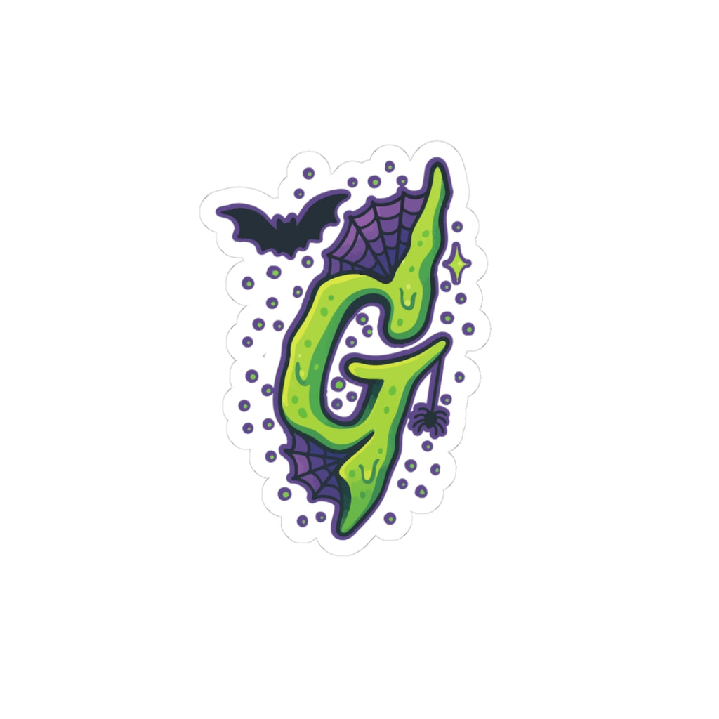 Goosebumps Halloween Slime Letter 'G' Kiss-Cut Sticker — Gothic Bat & Spiderweb Decal