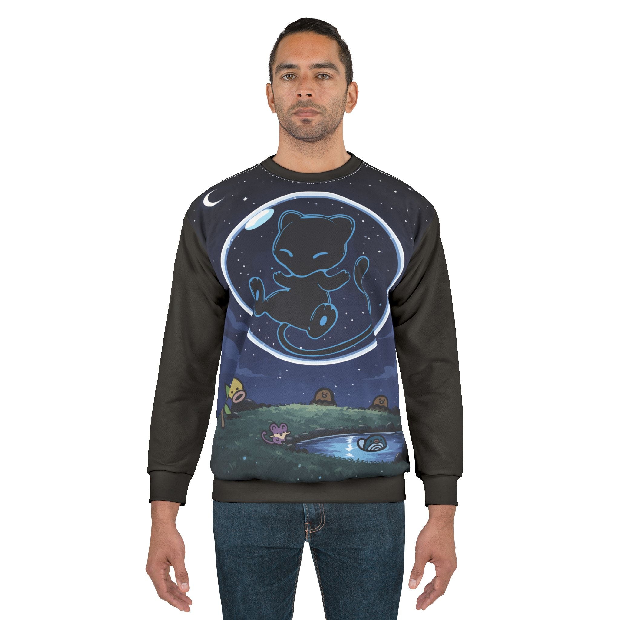 Dark Bubble Mew- Cosmic Cat Night Sweatshirt — Cute Celestial Graphic Crewneck