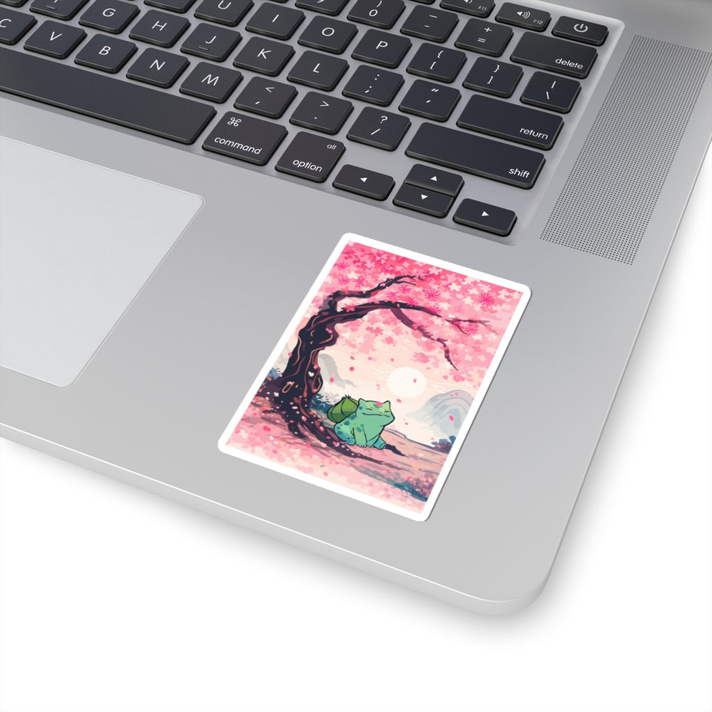 Happy plant critter-Under Cherry Blossom Kiss-Cut Sticker — Anime Nature Laptop Decal