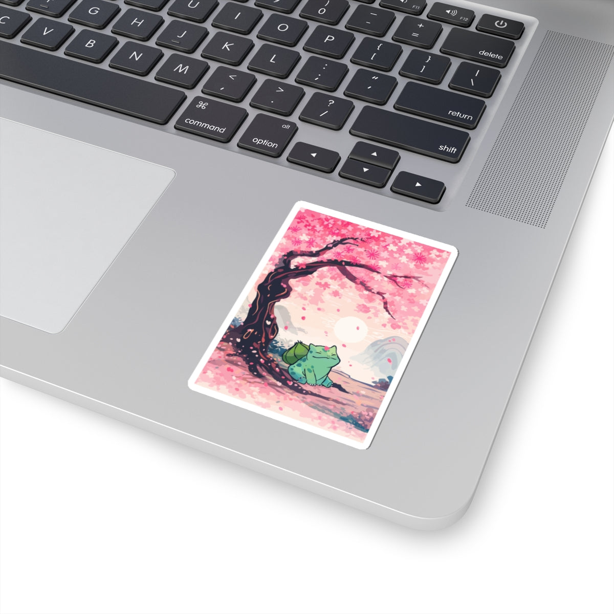 Happy plant critter-Under Cherry Blossom Kiss-Cut Sticker — Anime Nature Laptop Decal