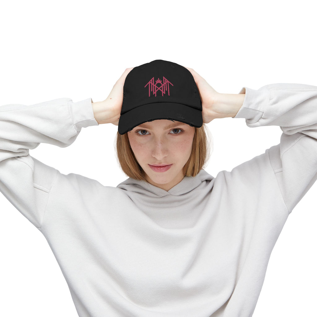 Distressed Black Baseball Cap with Pink Gothic Logo
