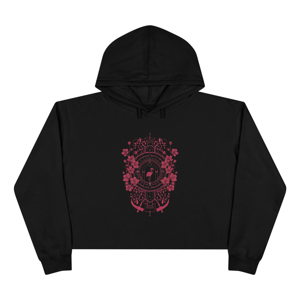 Floral Crest Crop Hoodie – Pink Botanical Emblem