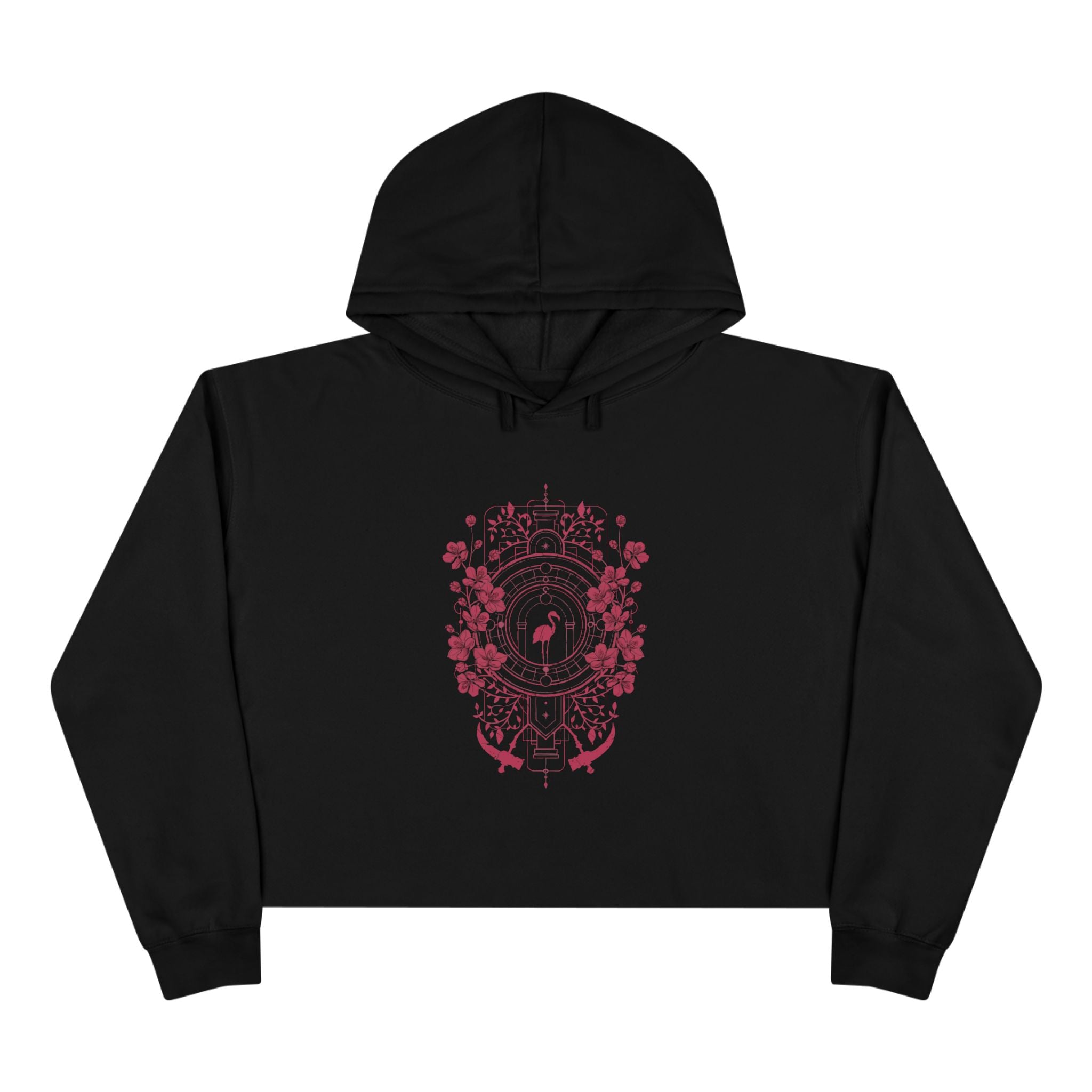 Floral Crest Crop Hoodie – Pink Botanical Emblem
