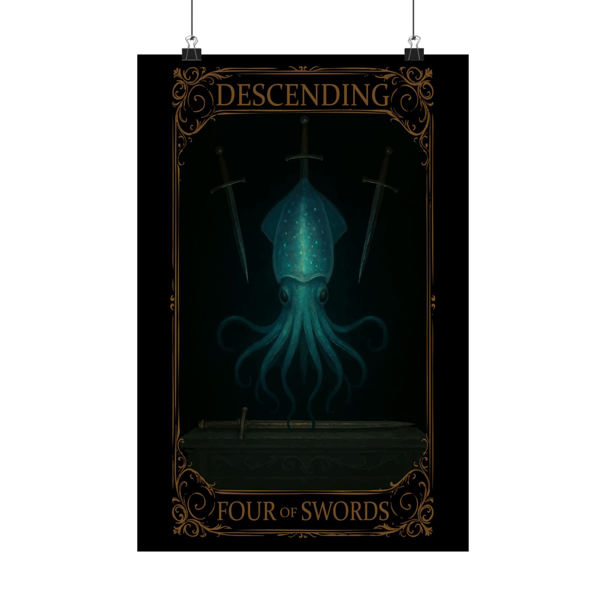 Four of Swords Tarot- Mystical Octopus Satin Poster Art Print, Fantasy Wall Decor for Home, Ttrpg Decor, Unique Gift for Gamers, Quirky Wall Art