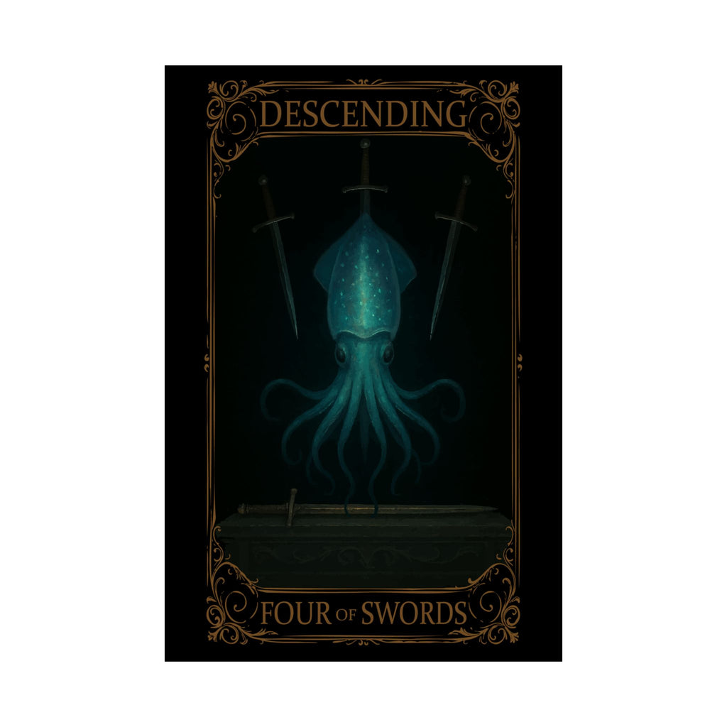 Four of Swords Tarot- Mystical Octopus Satin Poster Art Print, Fantasy Wall Decor for Home, Ttrpg Decor, Unique Gift for Gamers, Quirky Wall Art
