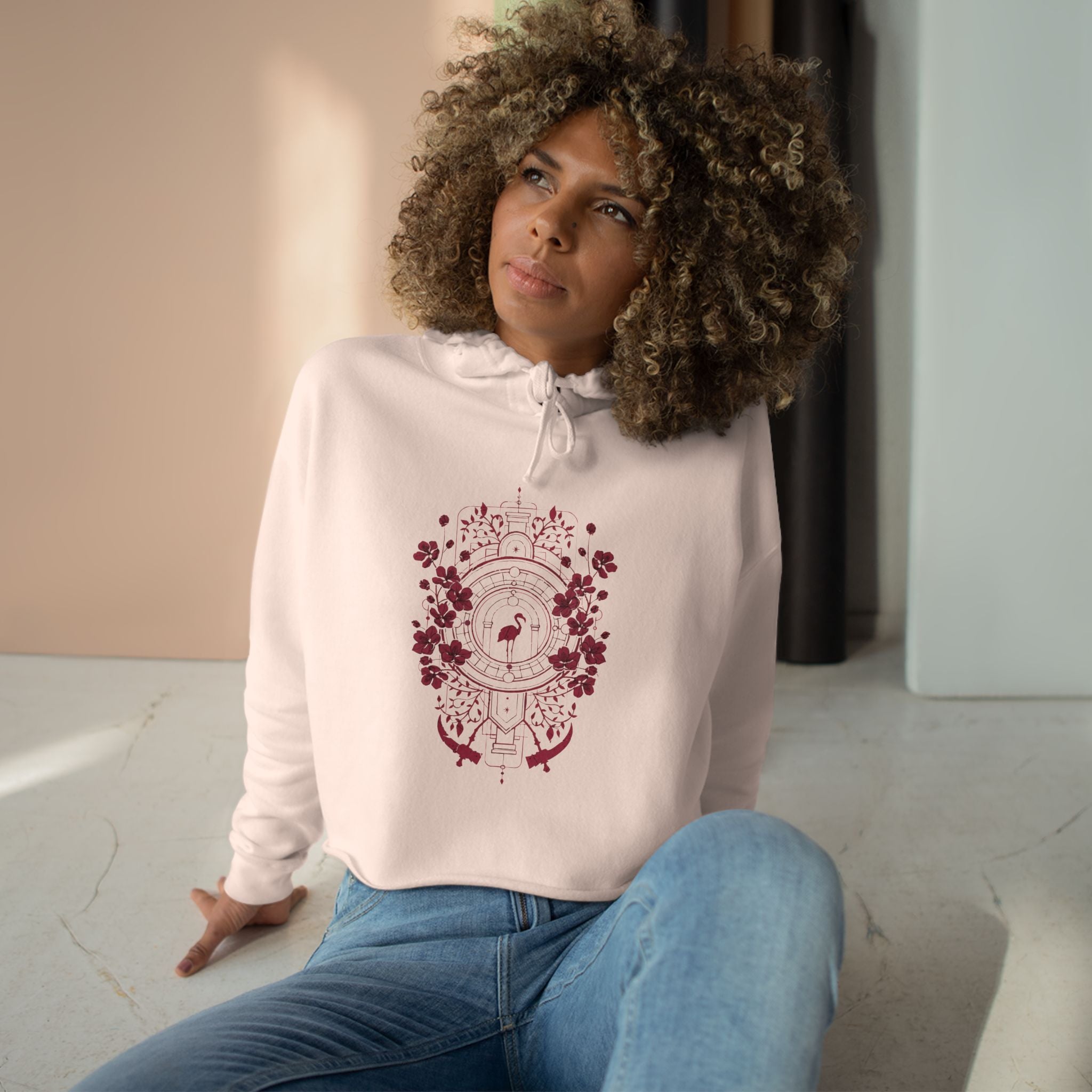 Floral Crest Crop Hoodie – Pink Botanical Emblem