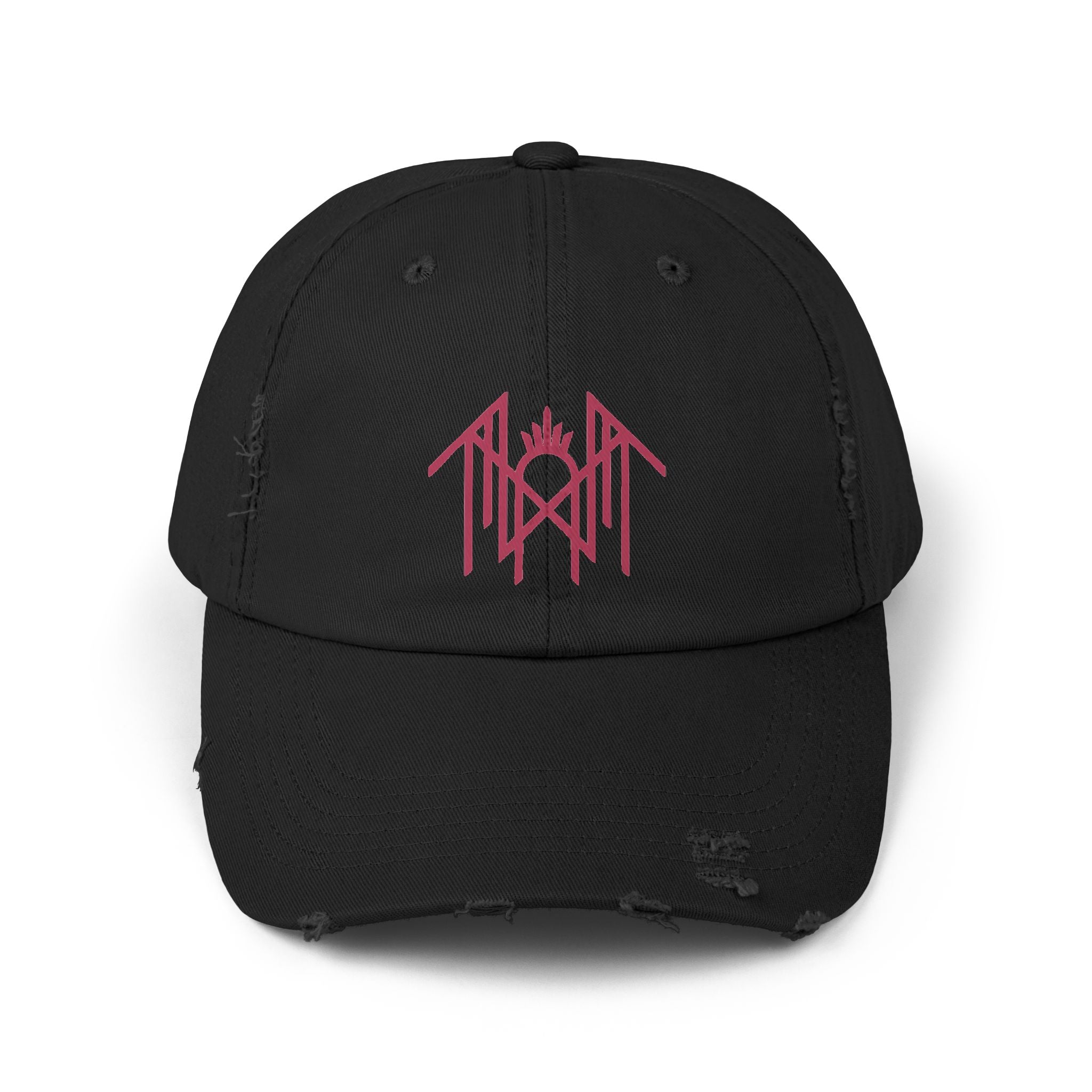 Distressed Black Baseball Cap with Pink Gothic Logo