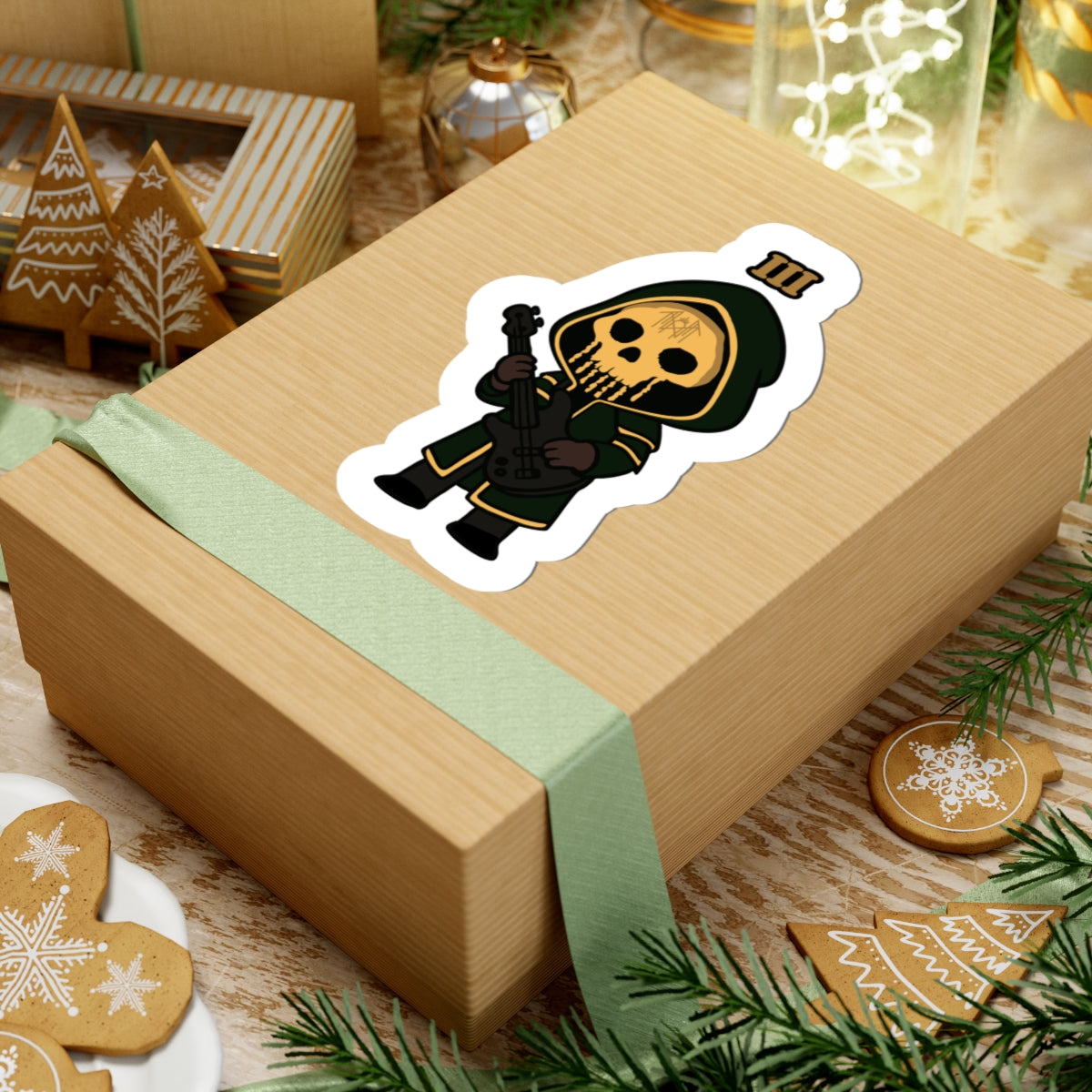 Chibi Guitar Skeleton Kiss-Cut Stickers, Cute Skull Decals, Fun Stickers for Laptops, Gift for Musicians, Halloween Decor, Unisex Stickers