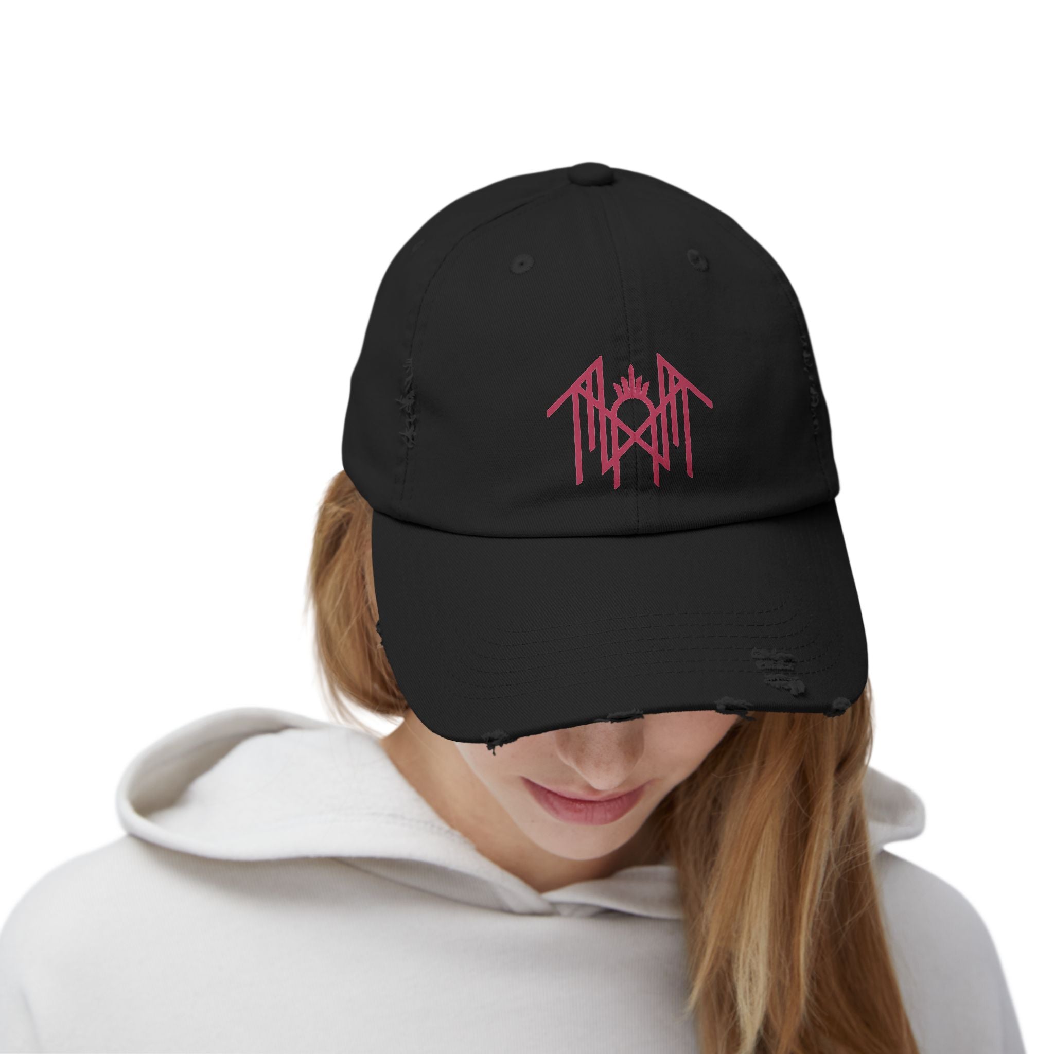 Distressed Black Baseball Cap with Pink Gothic Logo