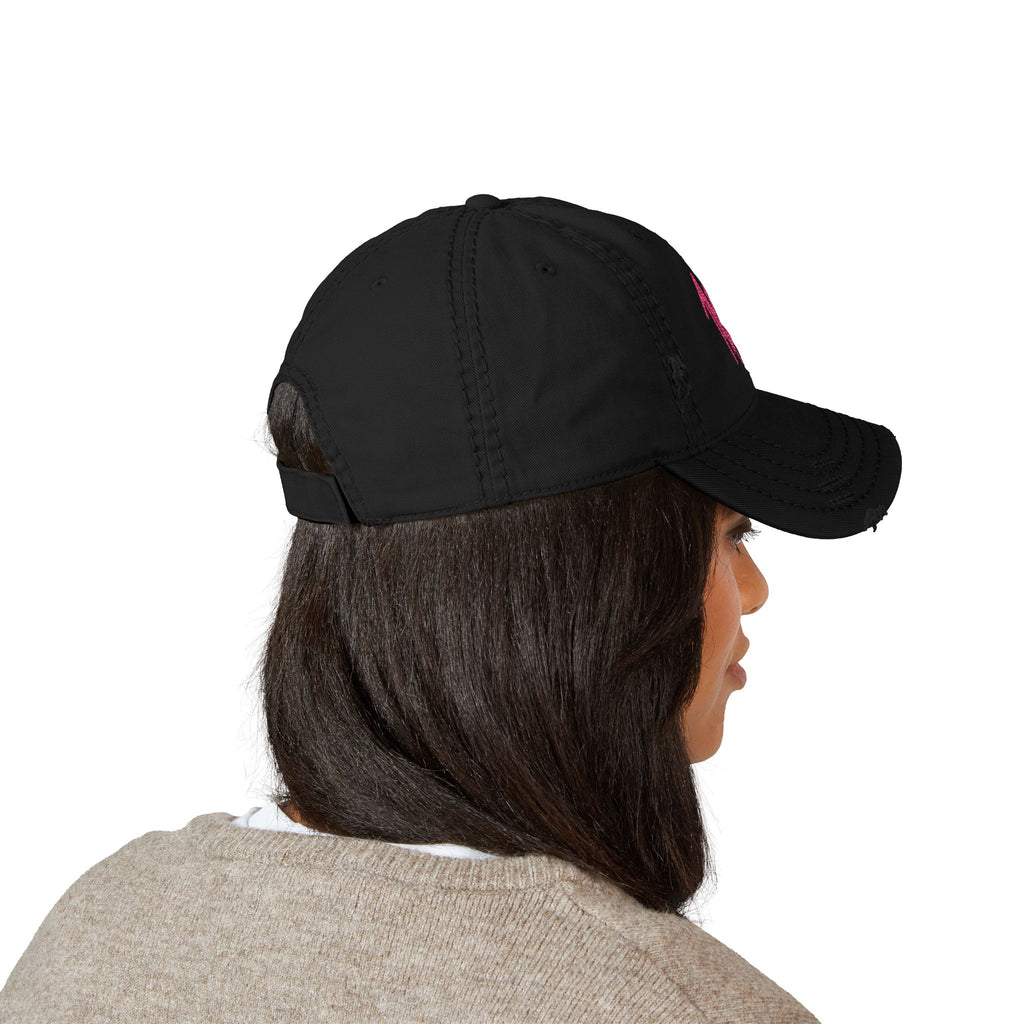 Embroidered Distressed Dad Hat — Pink Geometric Logo Cap