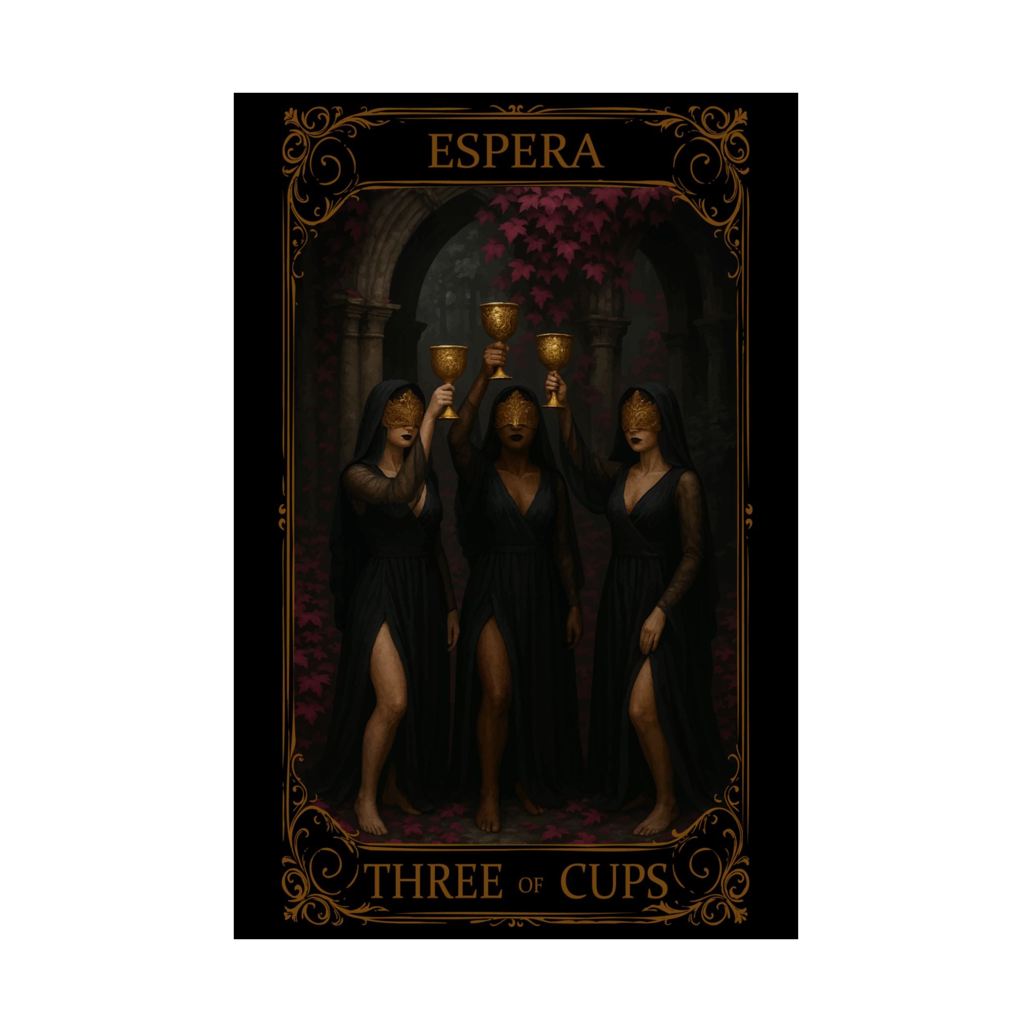 Espera Three of Cups Tarot Satin Posters - Art Print for Spiritual Decor, Gift for Tarot Lovers, Wall Art, Home Decor