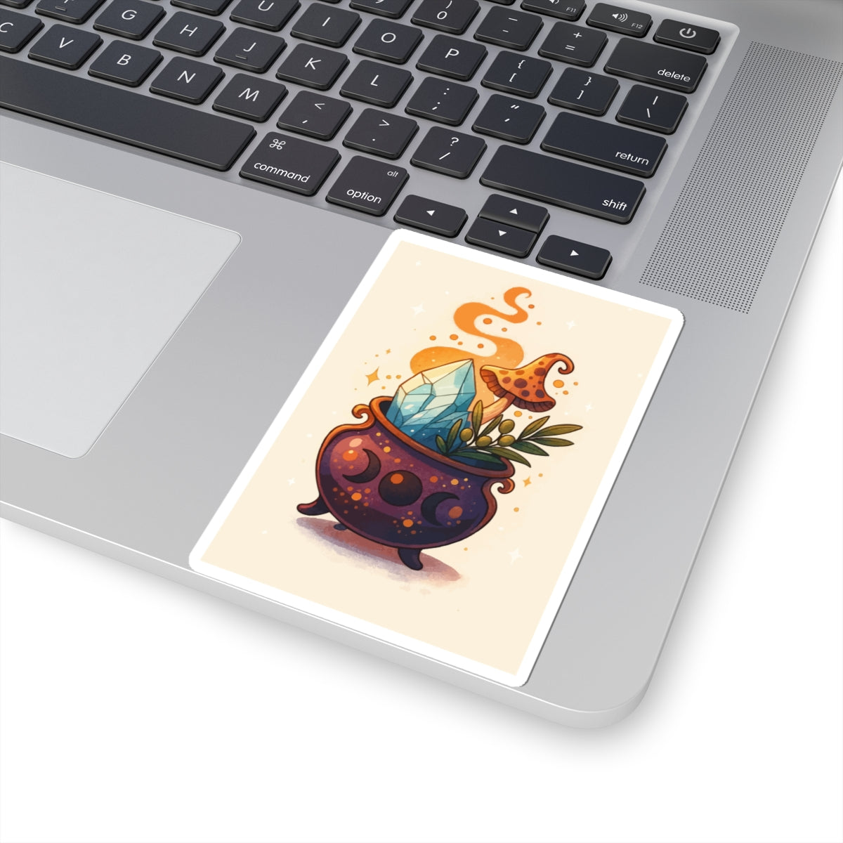 Witchy Crystal Cauldron Sticker — Cute Magical Mushroom & Gem Kiss-Cut Sticker
