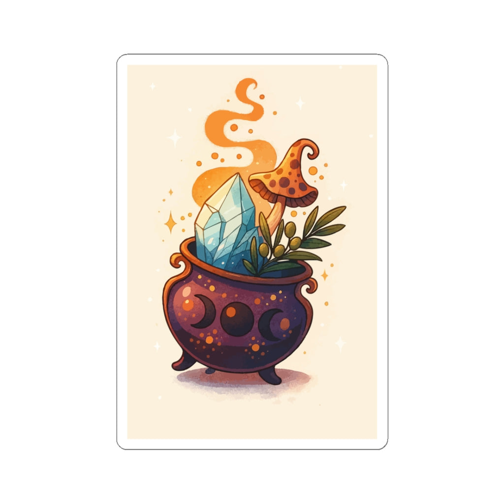 Witchy Crystal Cauldron Sticker — Cute Magical Mushroom & Gem Kiss-Cut Sticker