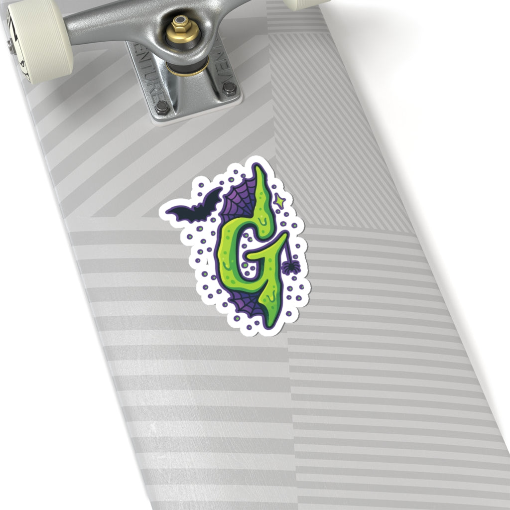 Goosebumps Halloween Slime Letter 'G' Kiss-Cut Sticker — Gothic Bat & Spiderweb Decal