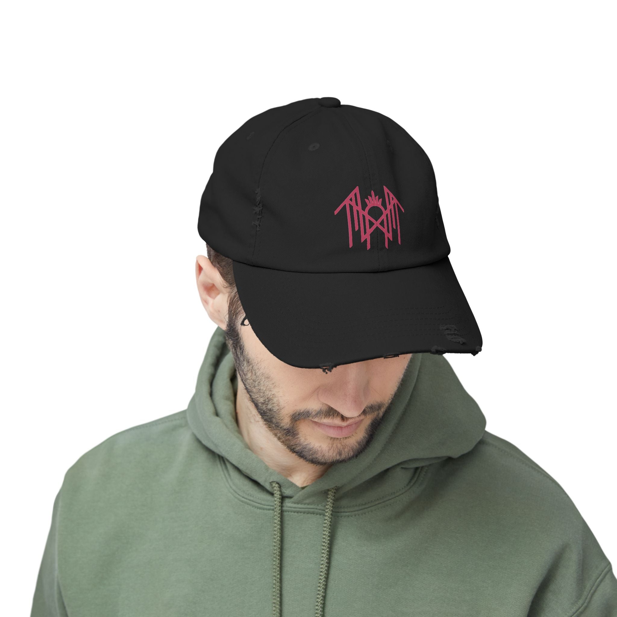Distressed Black Baseball Cap with Pink Gothic Logo