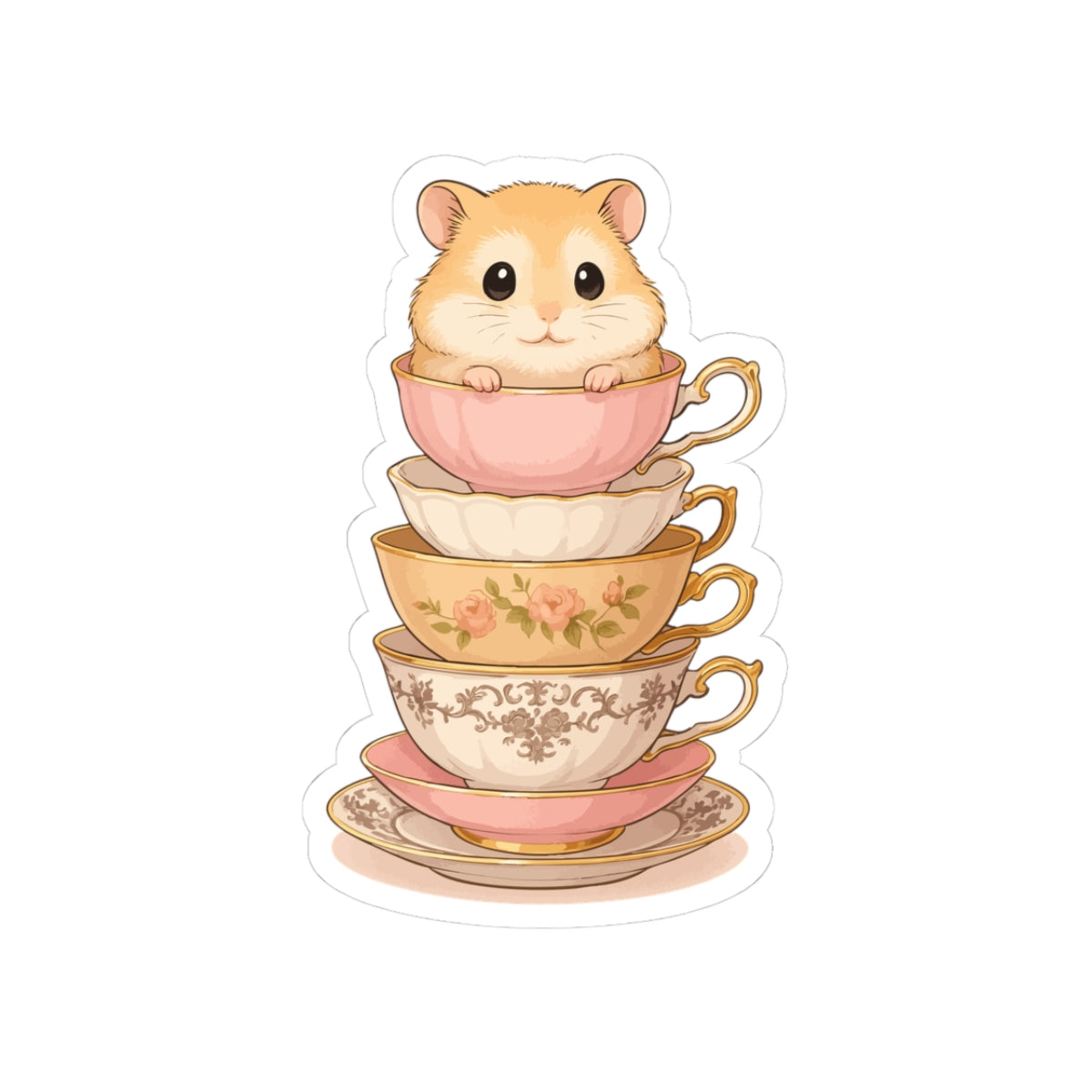 Cute Hamster in Stacked Teacups Sticker — Kiss-Cut Waterproof Sticker