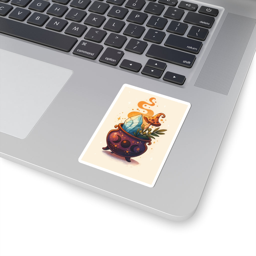 Witchy Crystal Cauldron Sticker — Cute Magical Mushroom & Gem Kiss-Cut Sticker