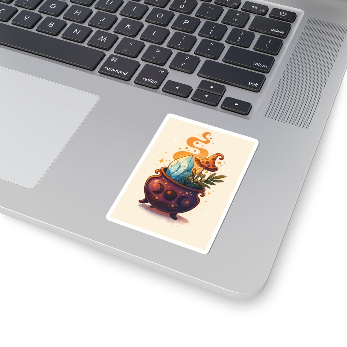 Witchy Crystal Cauldron Sticker — Cute Magical Mushroom & Gem Kiss-Cut Sticker