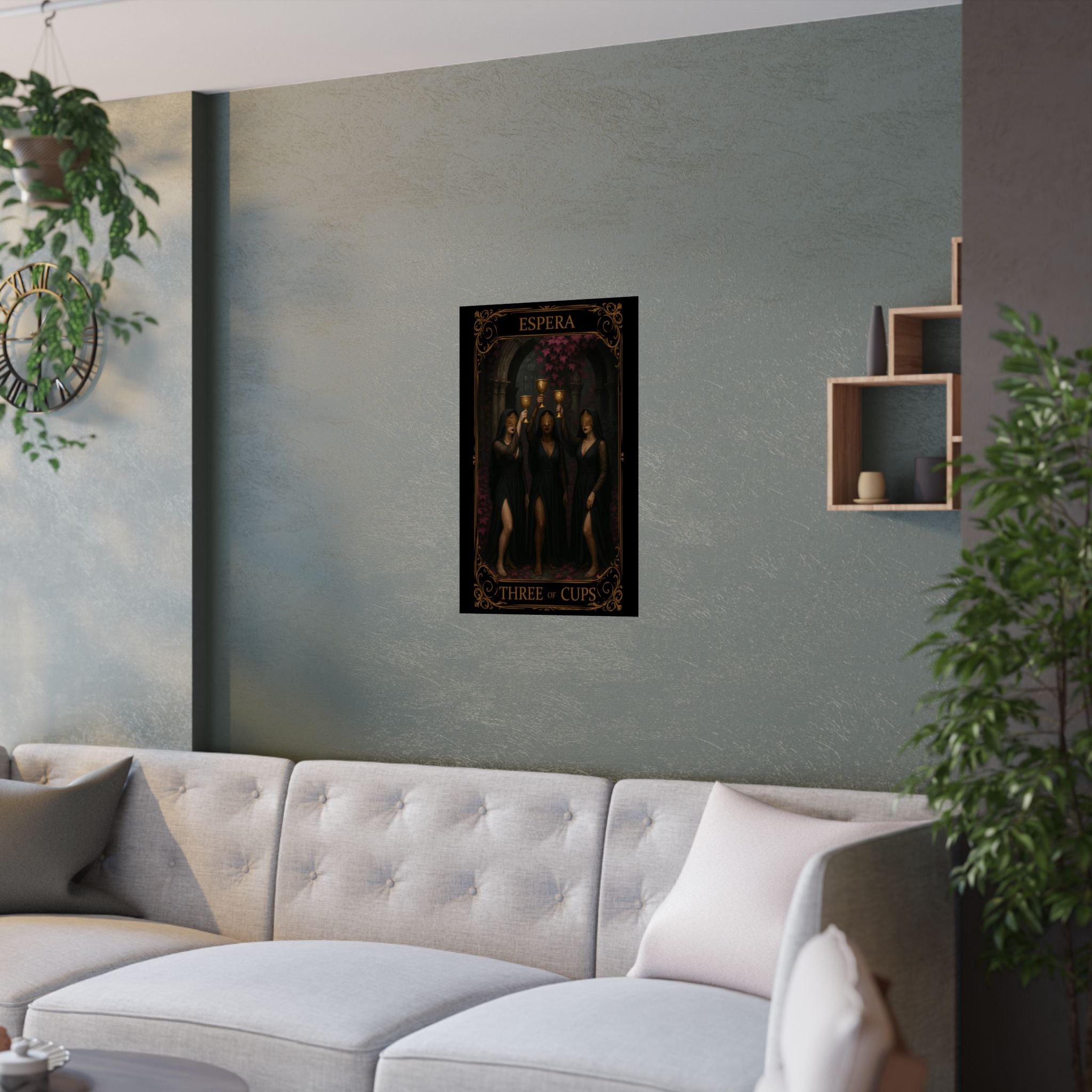 Espera Three of Cups Tarot Satin Posters - Art Print for Spiritual Decor, Gift for Tarot Lovers, Wall Art, Home Decor