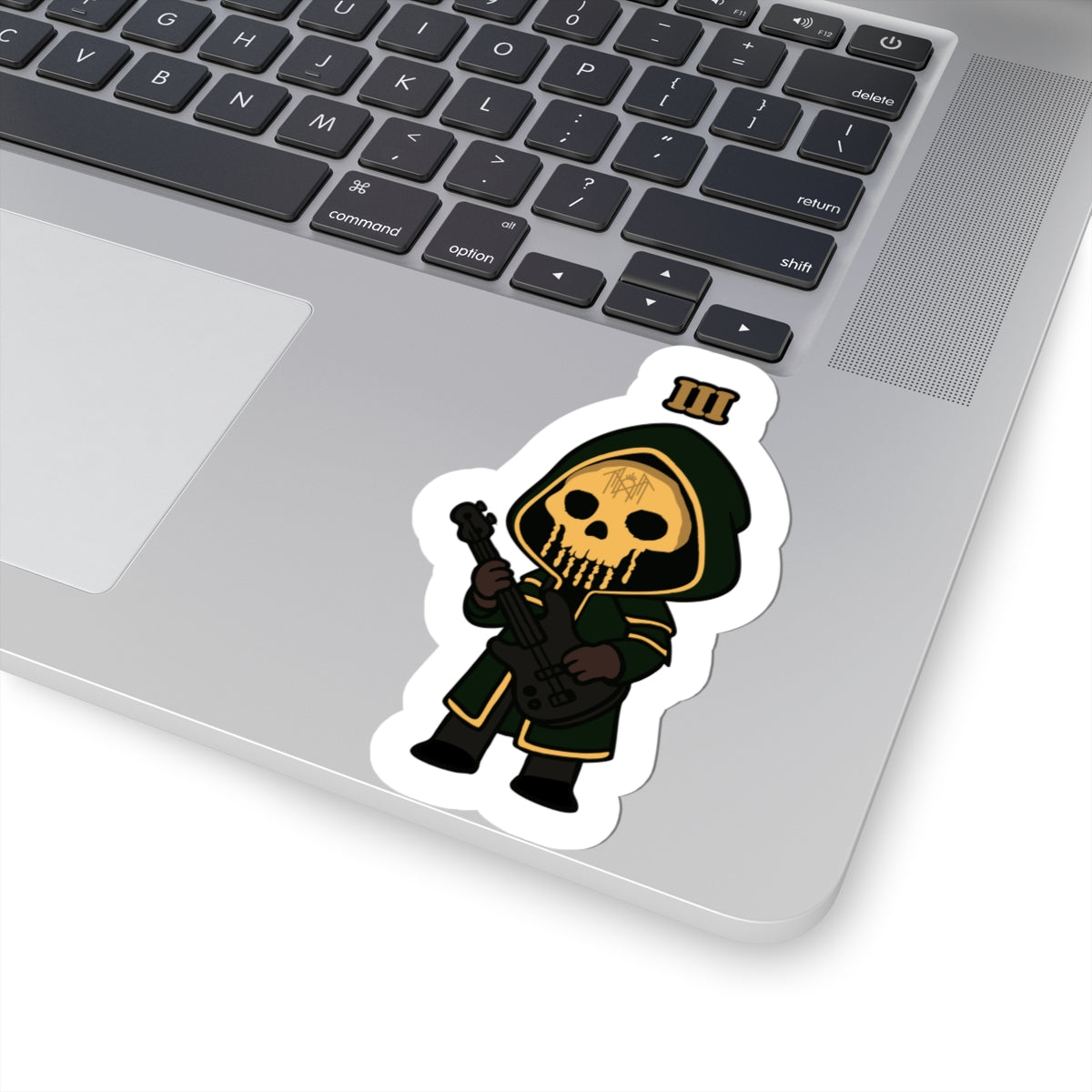 Chibi Guitar Skeleton Kiss-Cut Stickers, Cute Skull Decals, Fun Stickers for Laptops, Gift for Musicians, Halloween Decor, Unisex Stickers