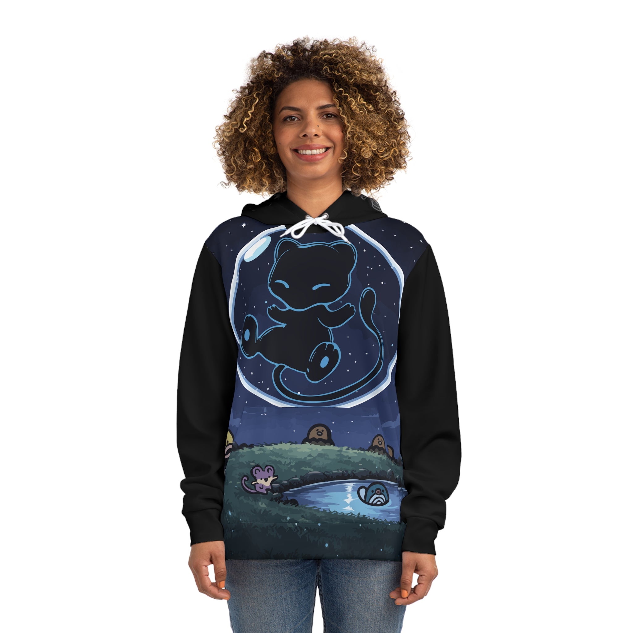 Dark bubble mew-Cute Cosmic Creature Hoodie — Night Sky Alien Art Pullover