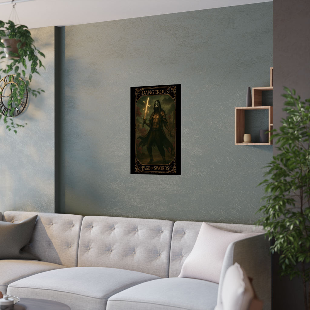 Page of Swords tarot- Dark Fantasy Satin Poster Art Print, Gothic Home Decor, Unique Wall Art, Perfect Gift for Art Lovers, Mysterious Room Accent