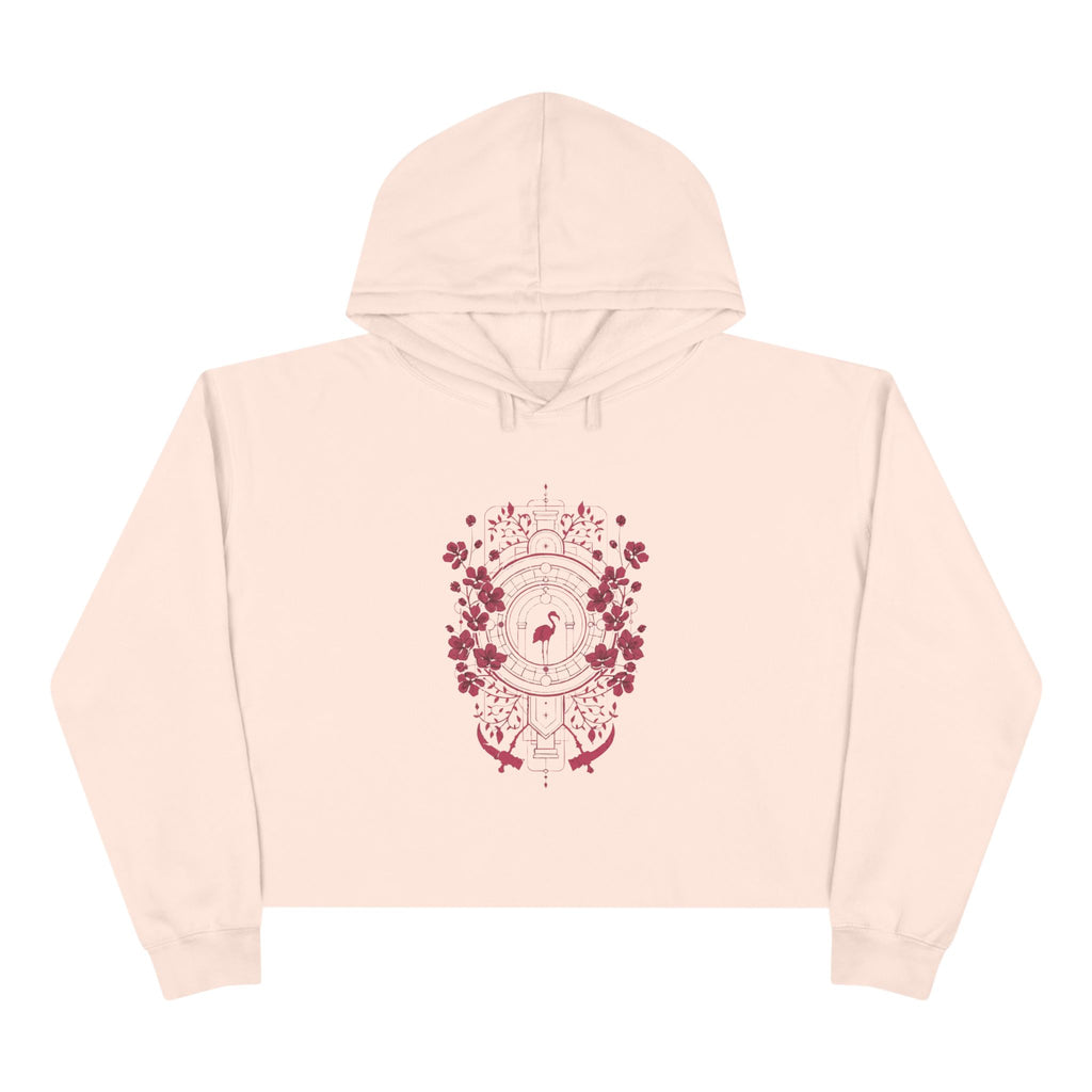 Floral Crest Crop Hoodie – Pink Botanical Emblem