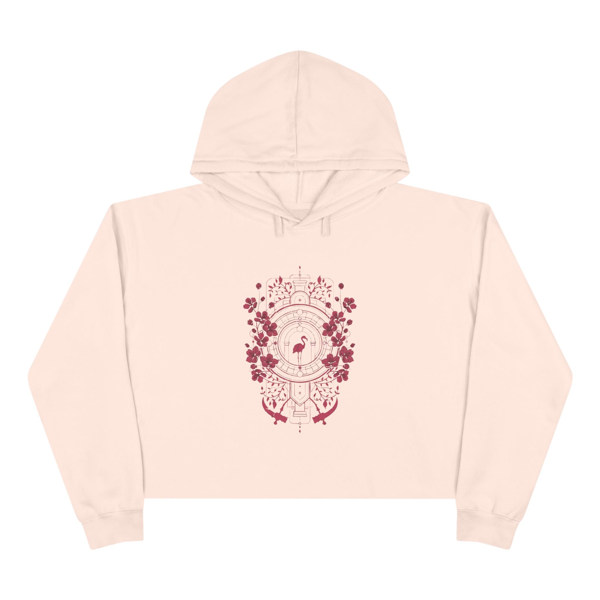 Floral Crest Crop Hoodie – Pink Botanical Emblem