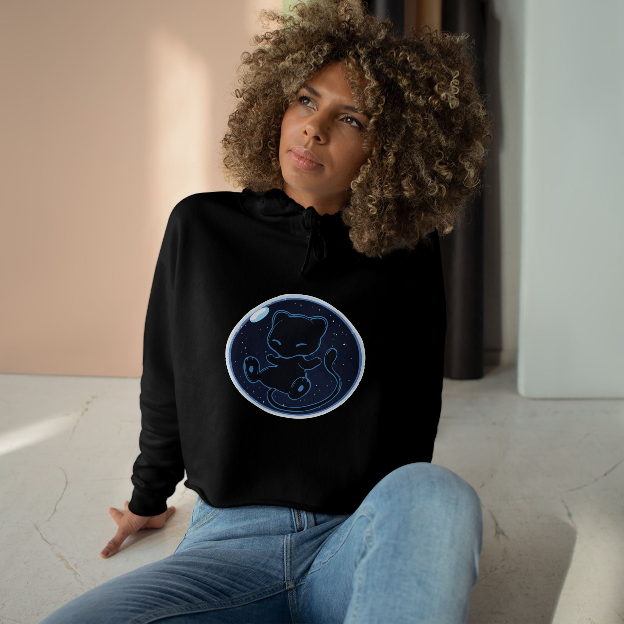 Dark Bubble Mew-Celestial Cat Moon Crop Hoodie — Cute Night Sky Graphic