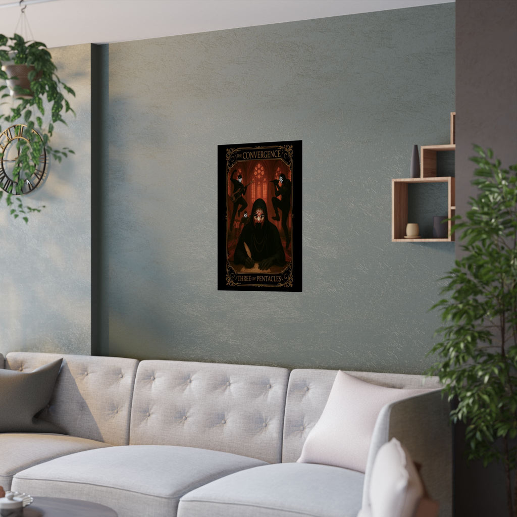 Three of Pentacles Tarot- Mystical Satin Poster, Dark Art Print, Gothic Wall Decor, Witchy Home Accent, Fantasy Artwork