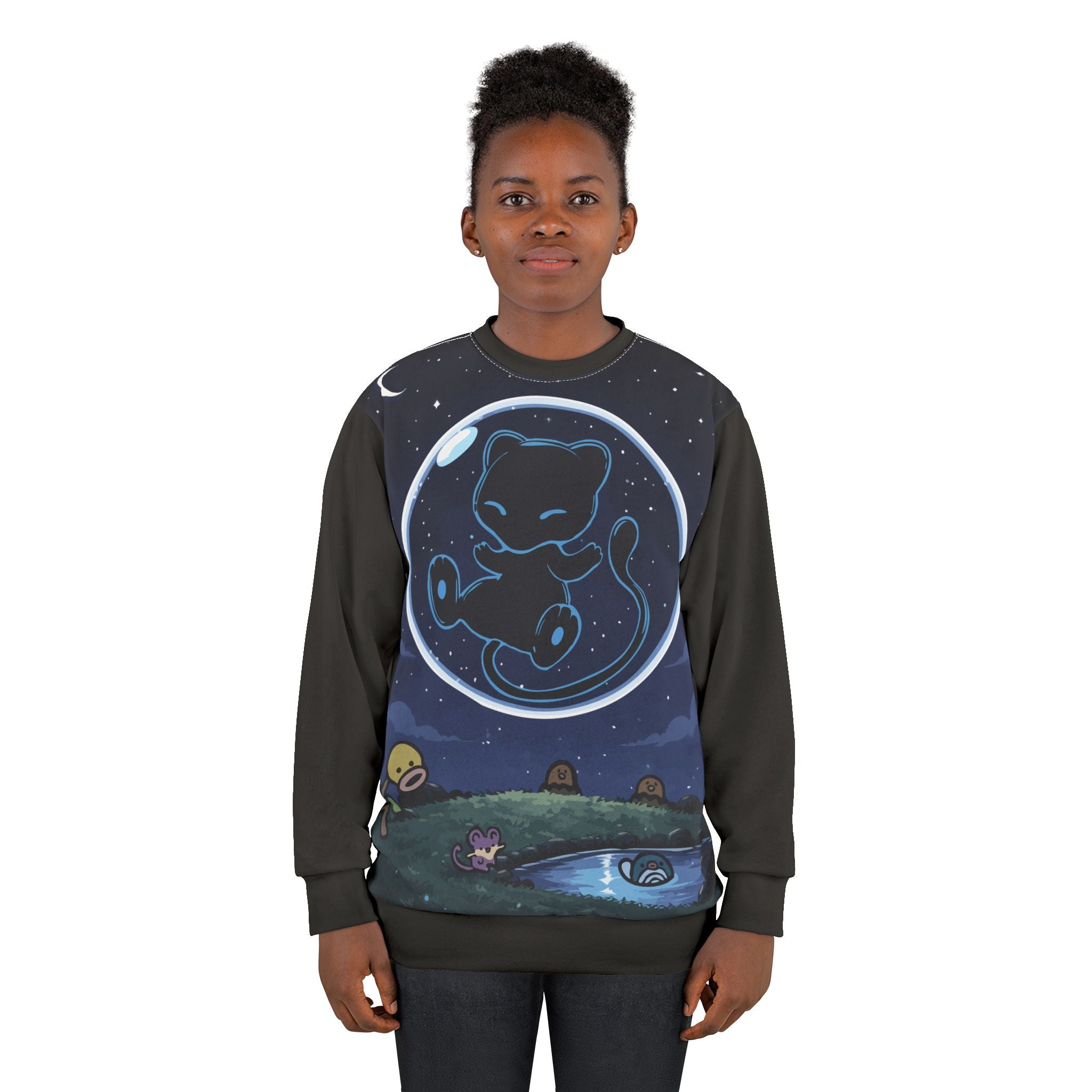 Dark Bubble Mew- Cosmic Cat Night Sweatshirt — Cute Celestial Graphic Crewneck