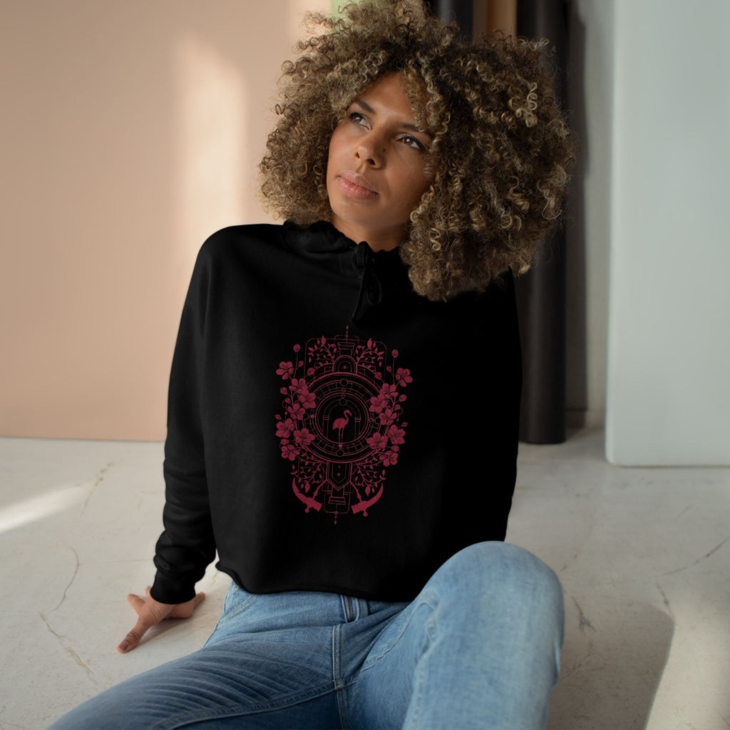 Floral Crest Crop Hoodie – Pink Botanical Emblem