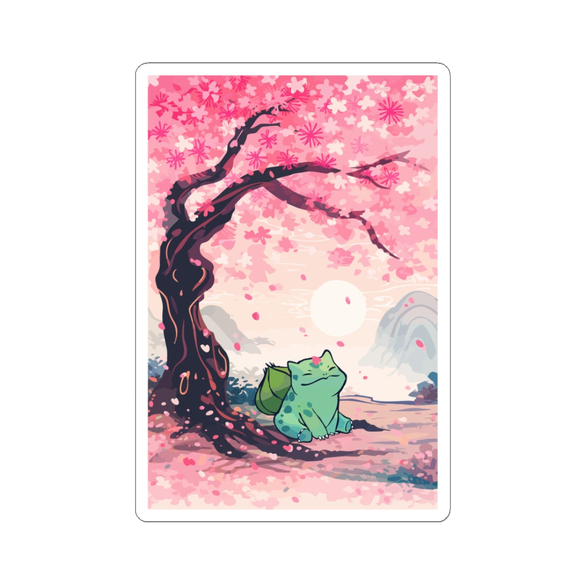 Happy plant critter-Under Cherry Blossom Kiss-Cut Sticker — Anime Nature Laptop Decal