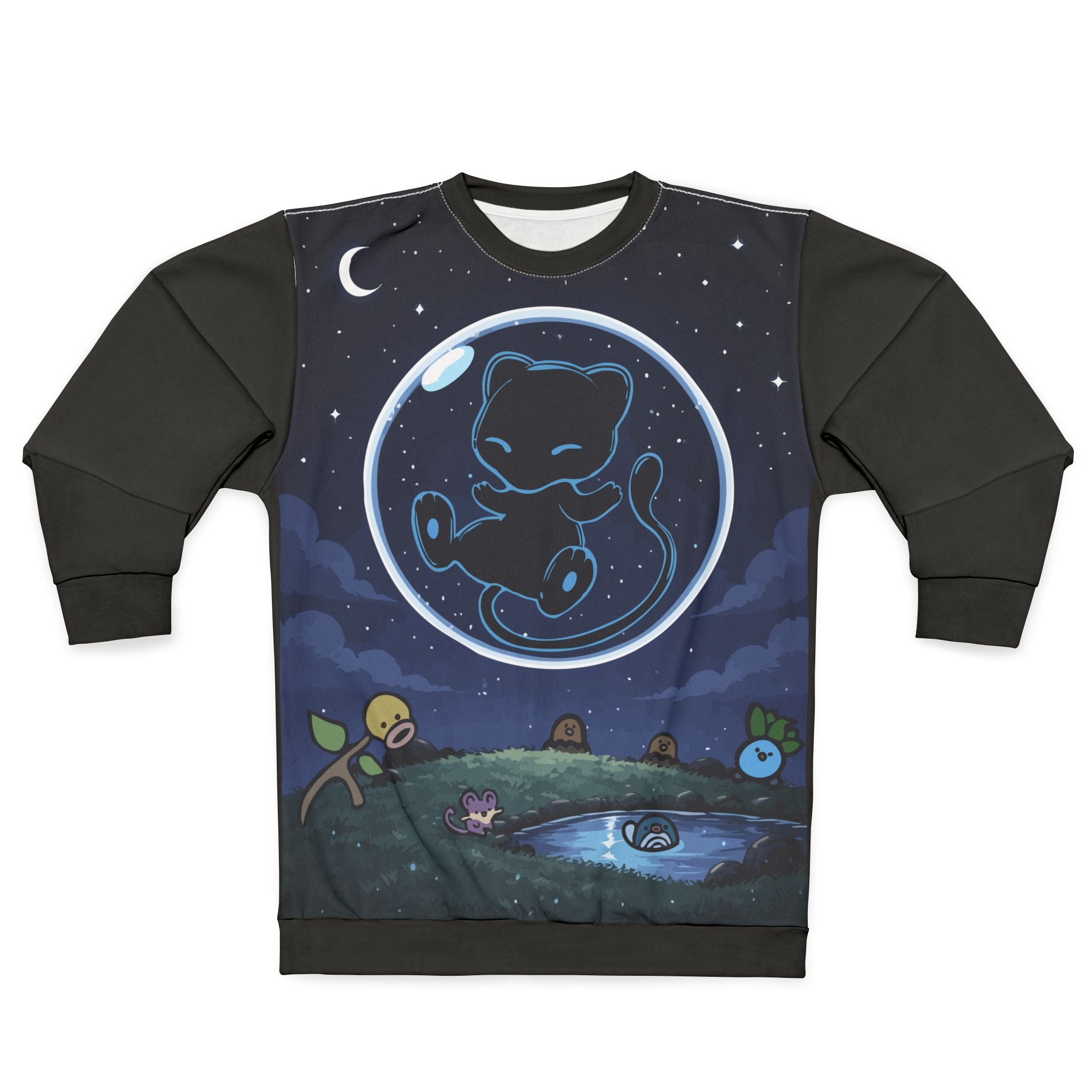 Dark Bubble Mew- Cosmic Cat Night Sweatshirt — Cute Celestial Graphic Crewneck