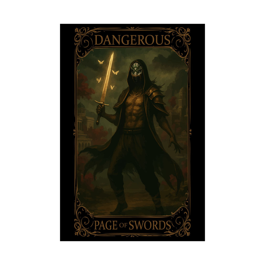 Page of Swords tarot- Dark Fantasy Satin Poster Art Print, Gothic Home Decor, Unique Wall Art, Perfect Gift for Art Lovers, Mysterious Room Accent