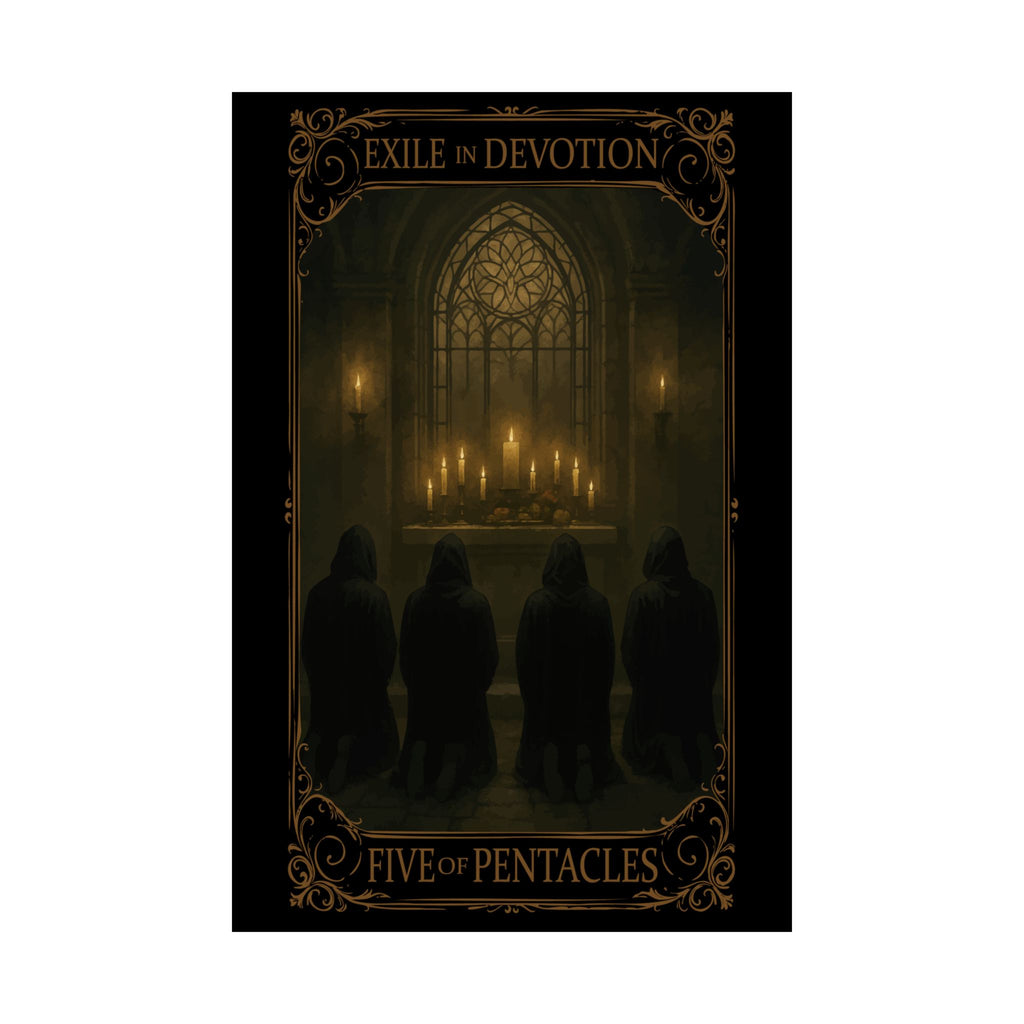 Five of Pentacles Tarot-Gothic Art Satin Poster, Exile in Devotion Print, Dark Wall Decor, Five of Pentacles Artwork, Spiritual Home Art