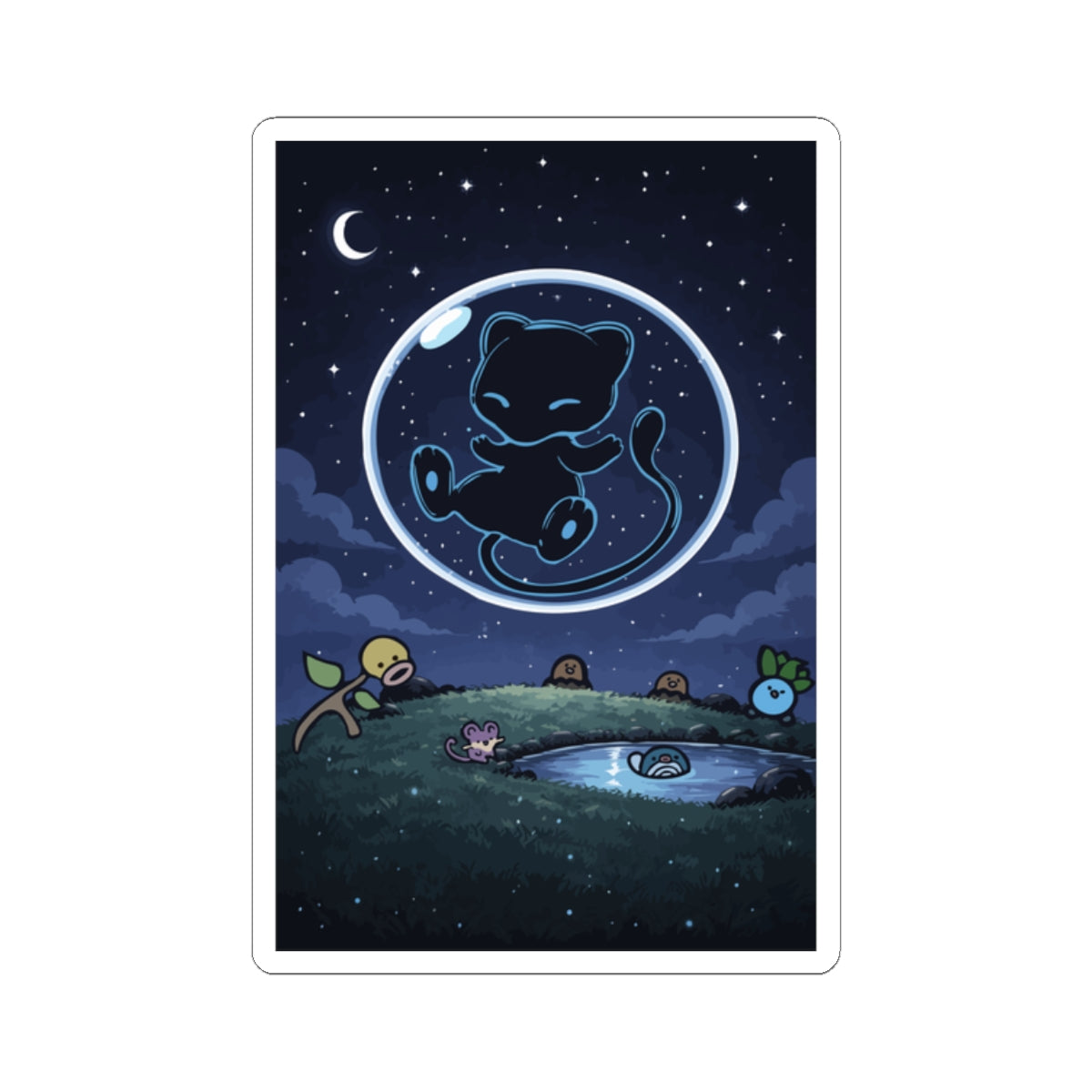 Dark Bubble Mew- Nighttime Mew Sticker — Cute Cosmic Cat in Bubble Vinyl Kiss-Cut Sticker