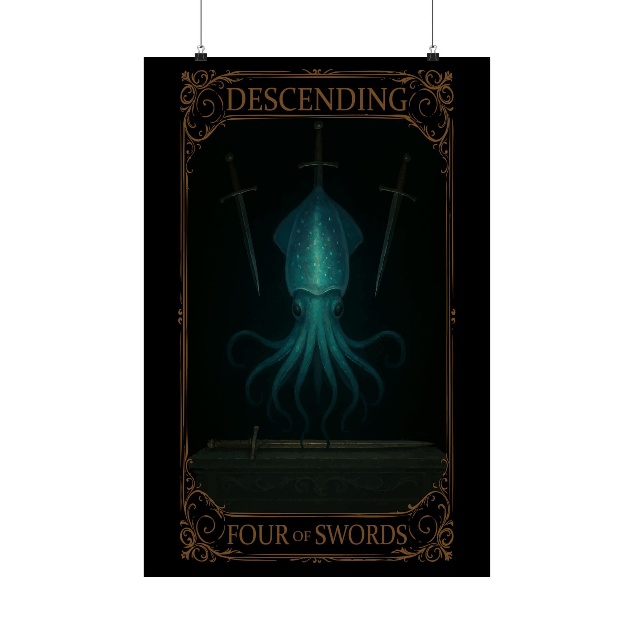Four of Swords Tarot- Mystical Octopus Satin Poster Art Print, Fantasy Wall Decor for Home, Ttrpg Decor, Unique Gift for Gamers, Quirky Wall Art