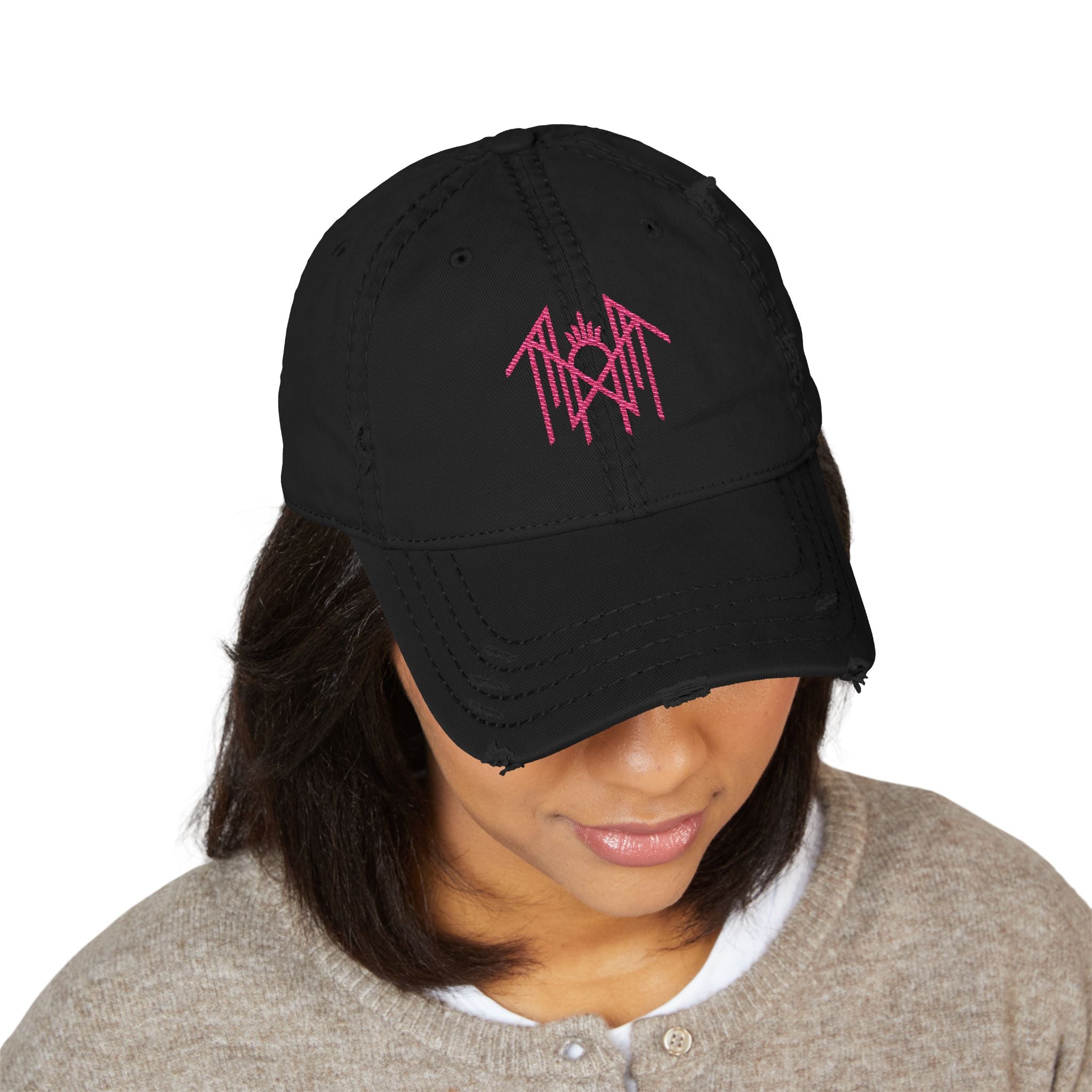 Embroidered Distressed Dad Hat — Pink Geometric Logo Cap